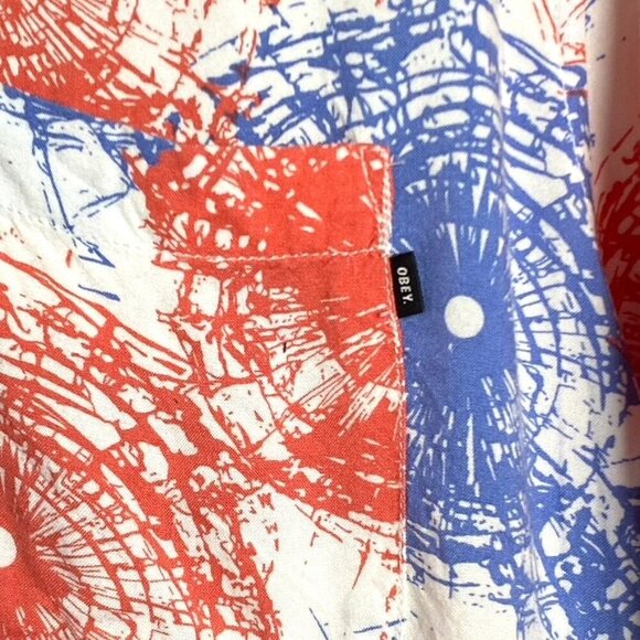 Obey Men's Button Front Collar Shirt Red White Blue Firecracker Size Medium - Picture 7 of 7